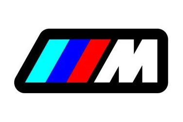 BMW M Type 1 LED grille badge on white background, without reflection; three coloured stripes and white M
