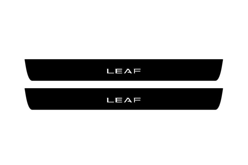 matte black coated stainless steel illuminated door sill protectors with Nissan Leaf I 2010+ with Leaf logo
