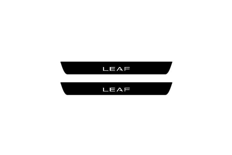illuminated door sill protectors Nissan Leaf II 2017+ in matte black coated stainless steel with Leaf logo