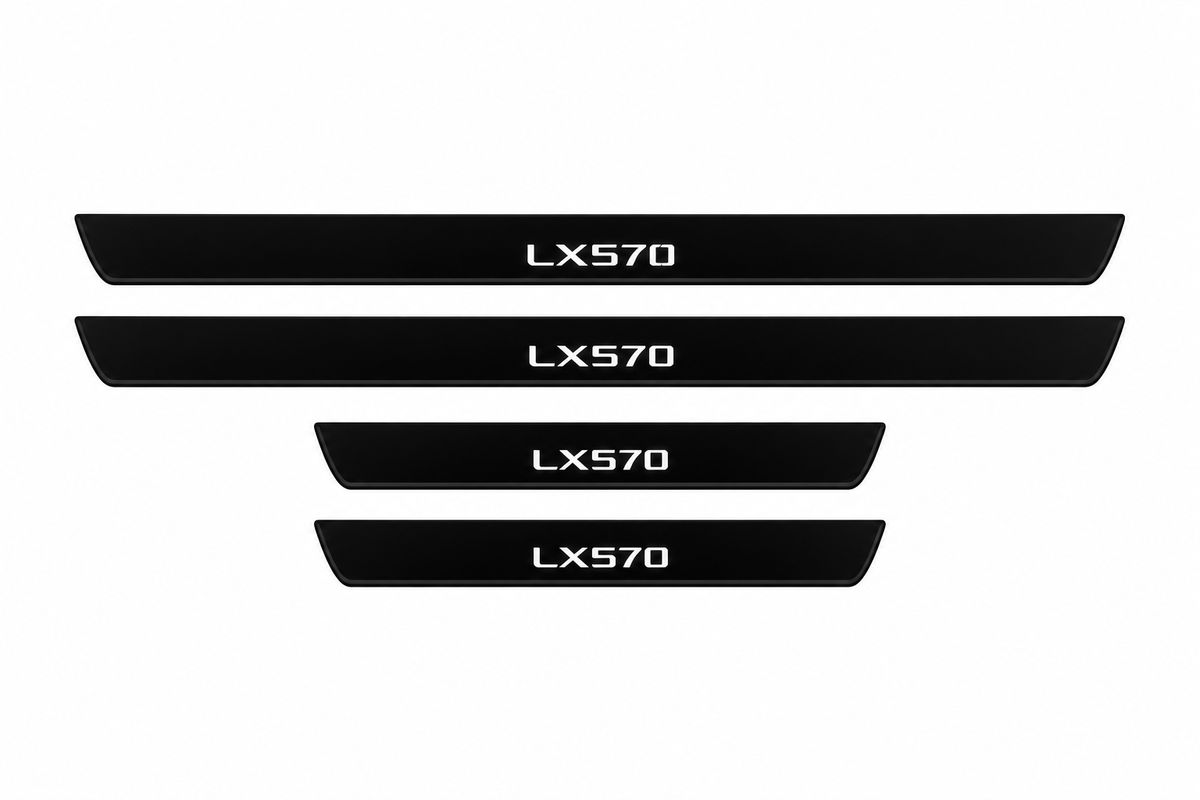 Catalogue illustration of two long front and two short rear black Matte PRO sill plates with illuminated LX570 lettering only on the top; opaque unlit side edges. Final dimensions selected for Lexus LX 570 J200 during manufacture.
