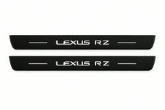 Catalogue illustration of two front black Matte PRO LED door sill plates with illuminated Lexus RZ lettering for Lexus RZ; dimensions are selected during manufacture.