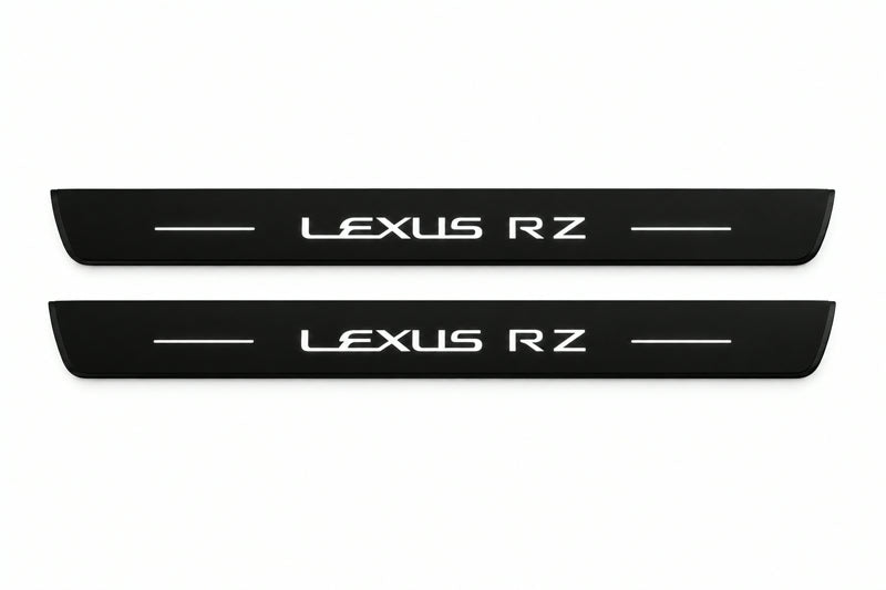 Catalogue illustration of two front black Matte PRO LED door sill plates with illuminated Lexus RZ lettering for Lexus RZ; dimensions are selected during manufacture.