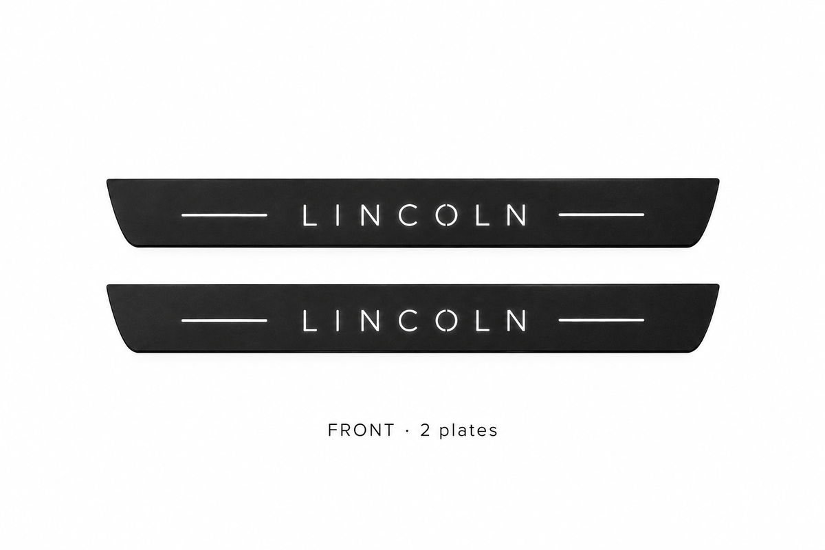 Lincoln MKX II Matte PRO catalogue illustration: two black FRONT plates with illuminated LINCOLN lettering on white
