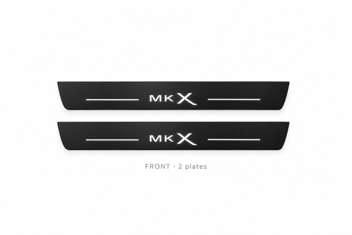 Lincoln MKX II Matte PRO catalogue illustration: two flat black FRONT plates with illuminated MKX lettering on white