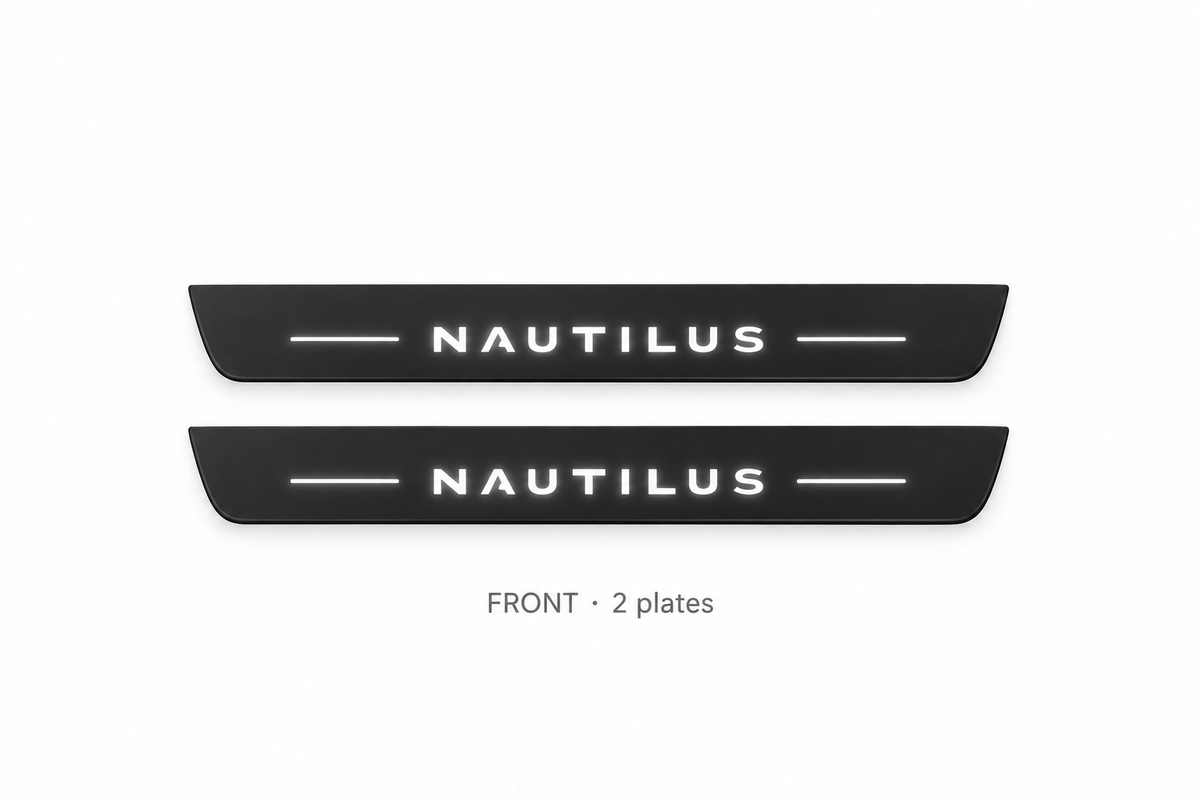 Lincoln Nautilus Matte PRO catalogue illustration: two flat black FRONT plates with illuminated NAUTILUS lettering on white