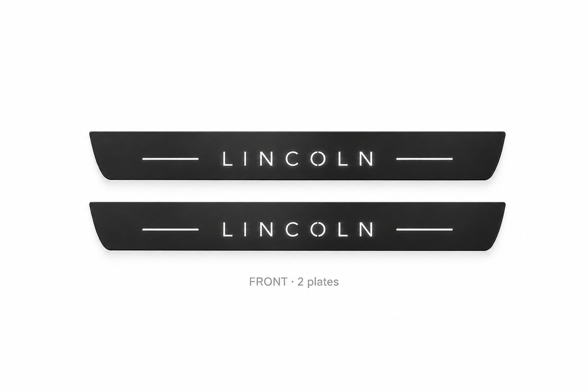 Lincoln Nautilus I Matte PRO catalogue illustration: two flat black FRONT plates with illuminated LINCOLN lettering on white