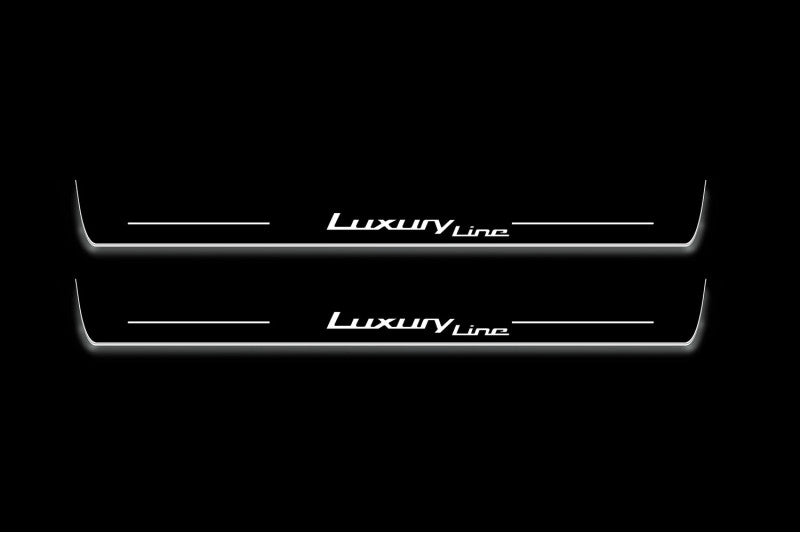 BMW 5 F10 2009+ LED door sill plates in stainless steel with Luxury Line logo