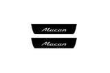 Porsche Macan I 2014+ illuminated entry guards in matte black coated stainless steel with Macan logo