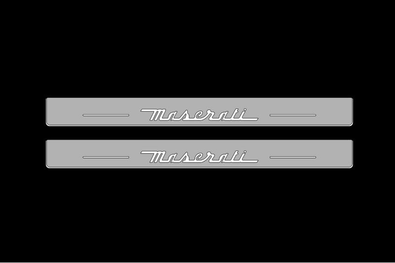 Illuminated LED Door Sill Tread Plates Maserati Ghibli III 2013+ With Maserati Logo Maserati Led Door Sills opdesign
