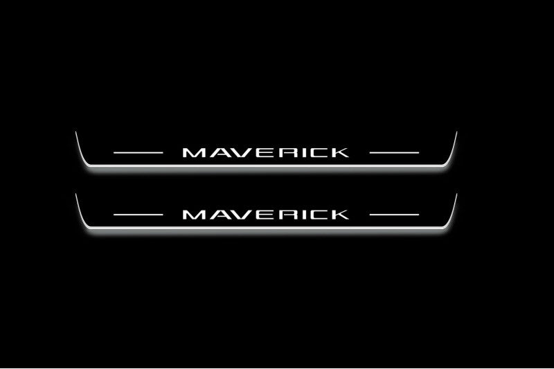 Two long door sill plates with Maverick lettering and edges illuminated in white, straight-on view on a dark background.