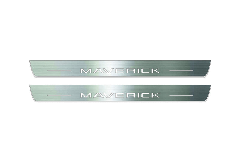 Two long silver-finished door sill plates with Maverick lettering on a light background, straight-on view.