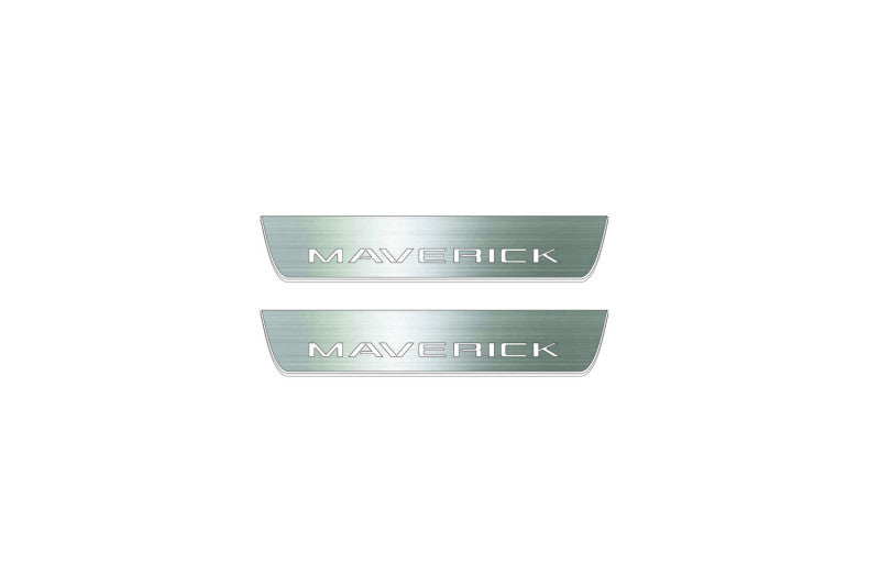 Two short silver-finished door sill plates with Maverick lettering on a light background, straight-on view.