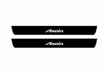 Catalogue illustration of two front black Matte PRO LED door sill plates with illuminated Axela lettering for Mazda 3 Sedan BM/BN; dimensions are selected during manufacture.