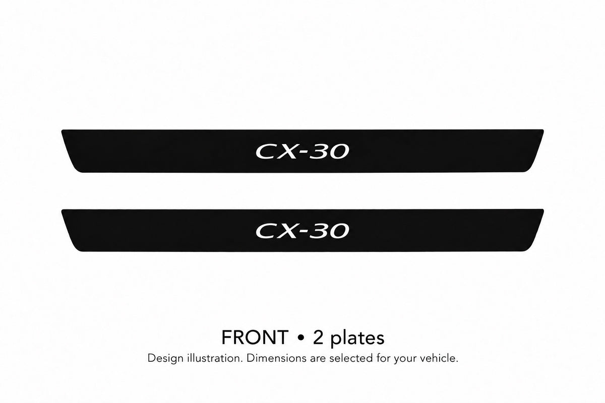 Mazda CX-30 DM CX-30 lettering design illustration: two front plates with black painted upper surfaces, white top lettering and unlit edges on a white background. Dimensions selected for the vehicle.