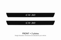 Mazda CX-30 DM CX-30 lettering design illustration: two front plates with black painted upper surfaces, white top lettering and unlit edges on a white background. Dimensions selected for the vehicle.