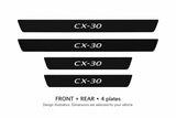 Mazda CX-30 DM CX-30 lettering design illustration: two front and two rear plates with black painted upper surfaces, white top lettering and unlit edges on a white background. Dimensions selected for the vehicle.