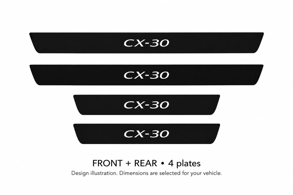 Mazda CX-30 DM CX-30 lettering design illustration: two front and two rear plates with black painted upper surfaces, white top lettering and unlit edges on a white background. Dimensions selected for the vehicle.