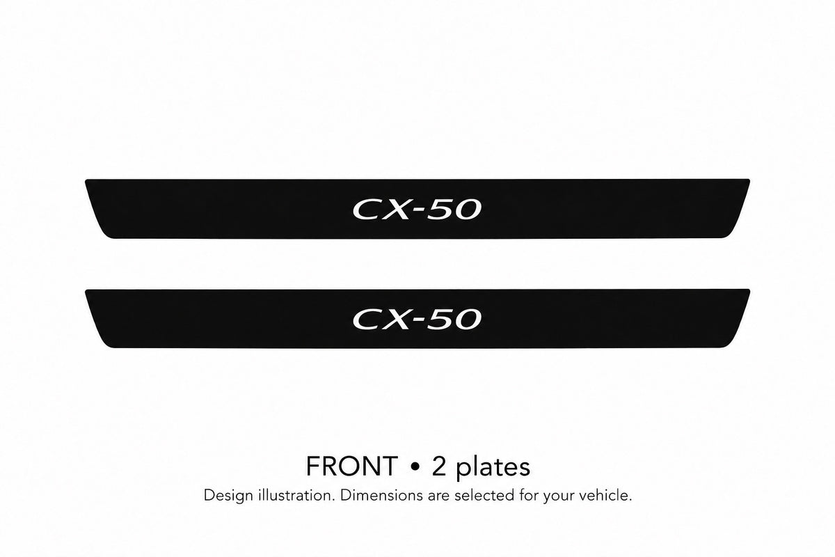 Mazda CX-50 Matte PRO design illustration: two front plates, black painted top with white lettering and unlit edges. Dimensions selected for the vehicle; not to scale.