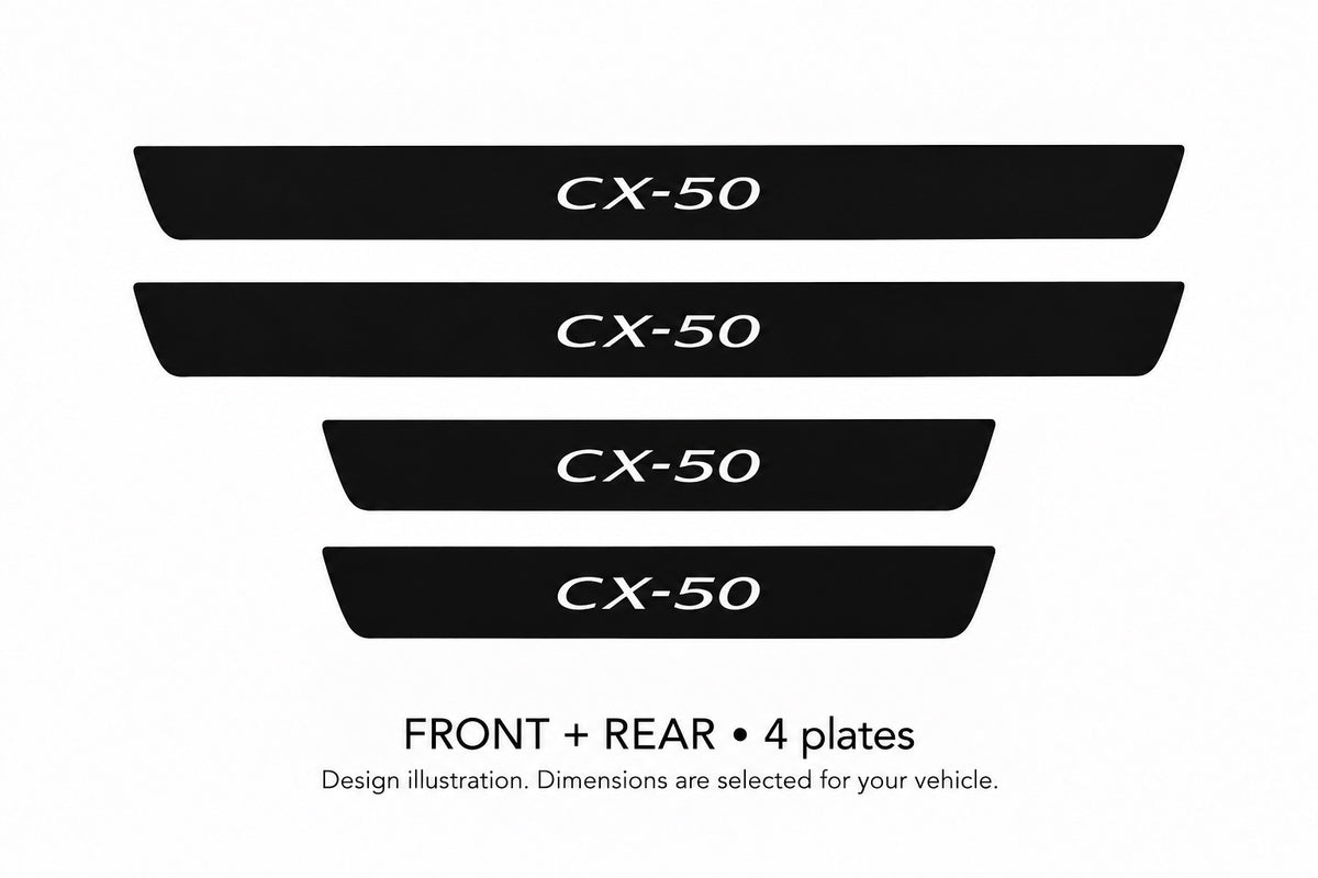 Mazda CX-50 Matte PRO design illustration: two front and two rear plates, black painted top with white lettering and unlit edges. Dimensions selected for the vehicle; not to scale.
