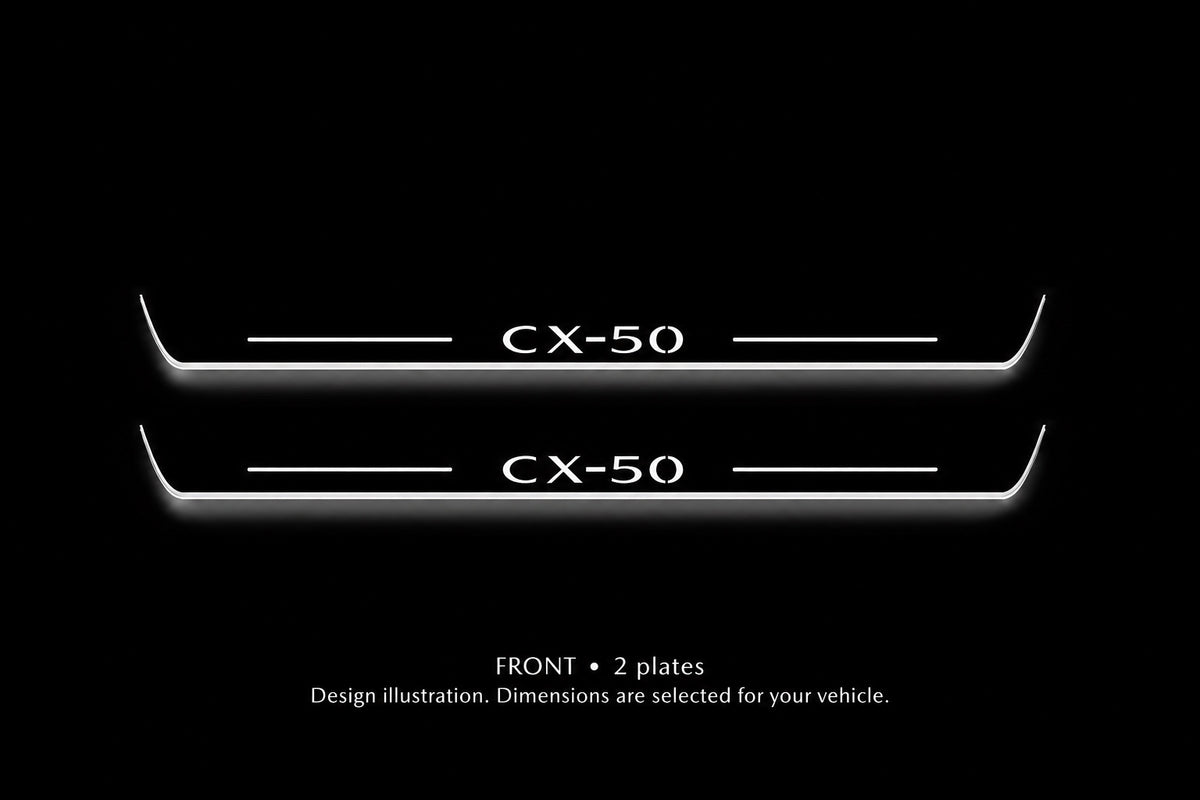 Mazda CX-50 Stainless design illustration: two front plates, white illuminated lettering, top bars and side edges against a dark background. Dimensions selected for the vehicle; not to scale.
