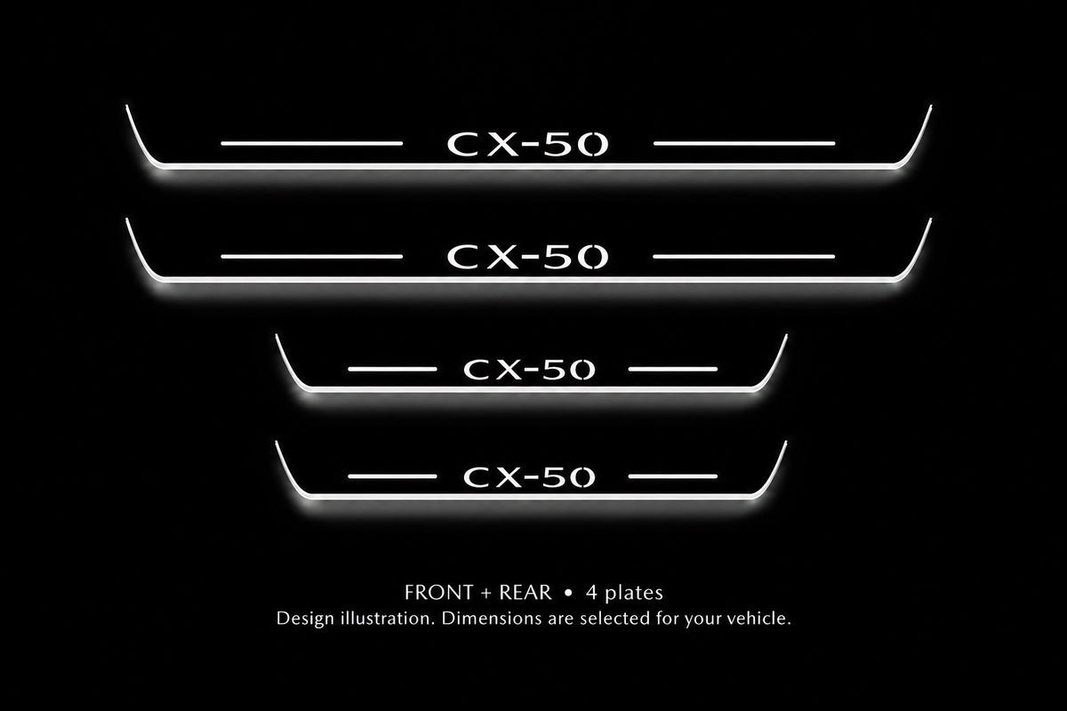 Mazda CX-50 Stainless design illustration: two front and two rear plates, white illuminated lettering, top bars and side edges against a dark background. Dimensions selected for the vehicle; not to scale.