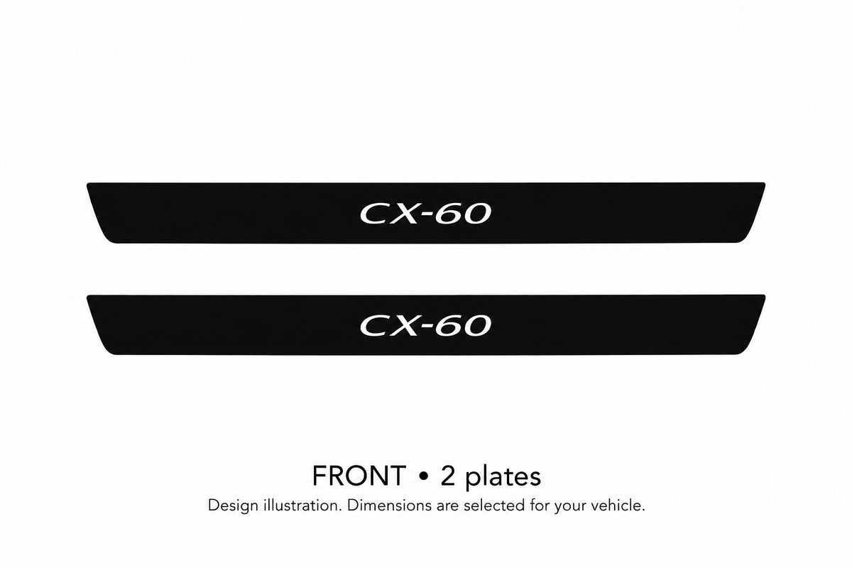 Mazda CX-60 Matte PRO design illustration: two front plates, black painted top with white lettering and unlit edges. Dimensions selected for the vehicle; not to scale.