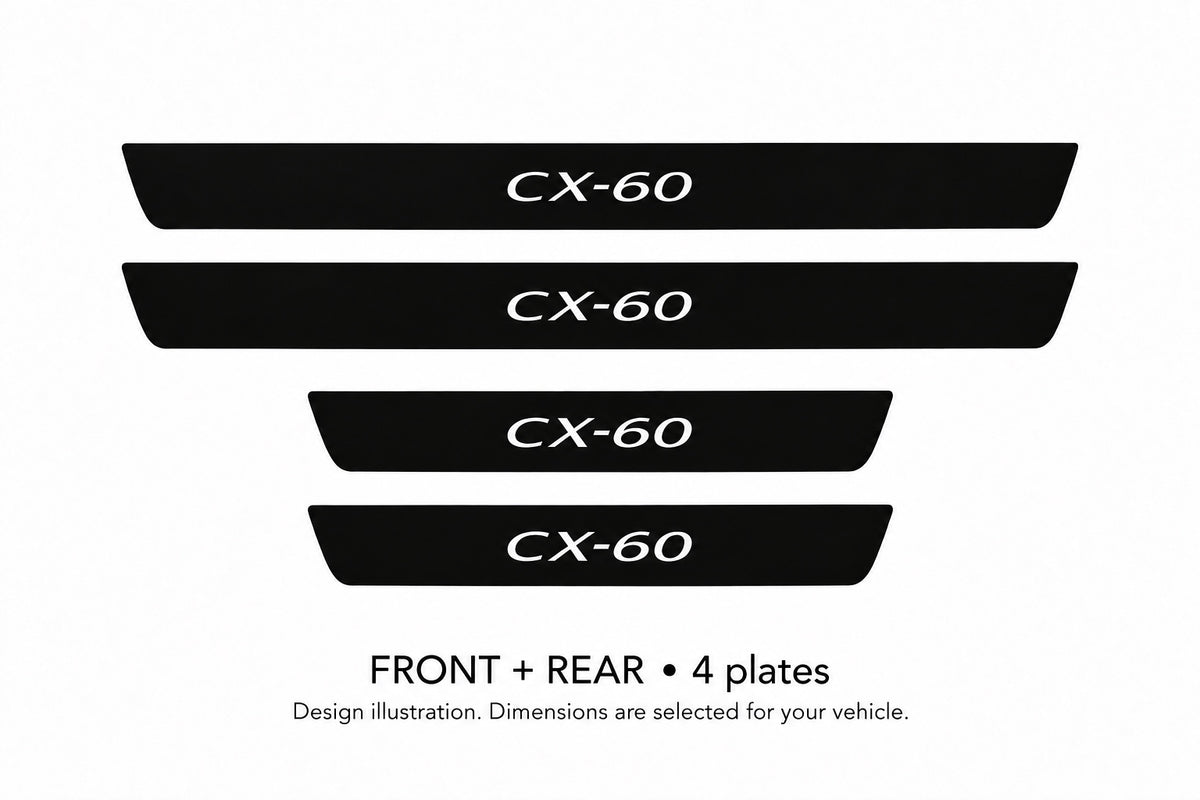 Mazda CX-60 Matte PRO design illustration: two front and two rear plates, black painted top with white lettering and unlit edges. Dimensions selected for the vehicle; not to scale.