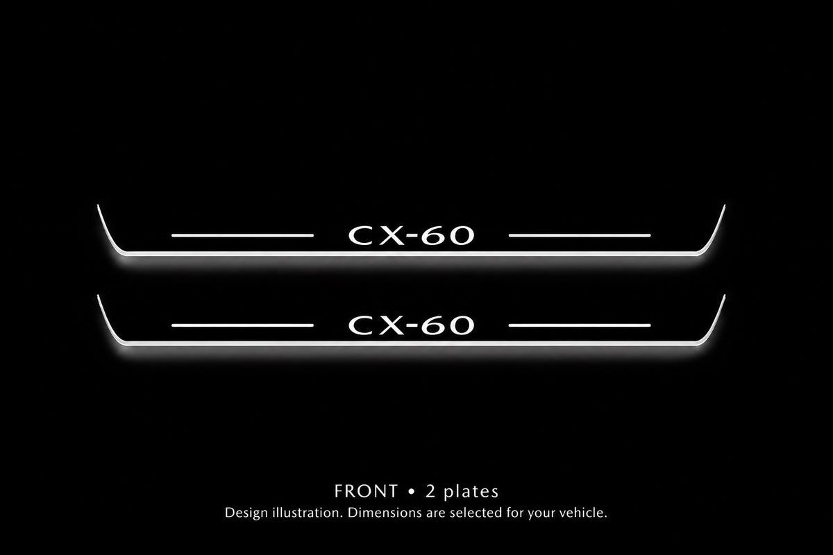 Mazda CX-60 Stainless design illustration: two front plates, white illuminated lettering, top bars and side edges against a dark background. Dimensions selected for the vehicle; not to scale.