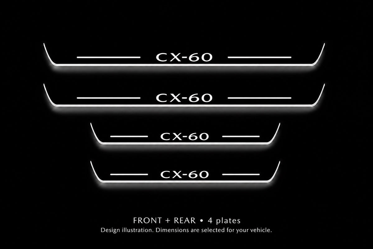 Mazda CX-60 Stainless design illustration: two front and two rear plates, white illuminated lettering, top bars and side edges against a dark background. Dimensions selected for the vehicle; not to scale.