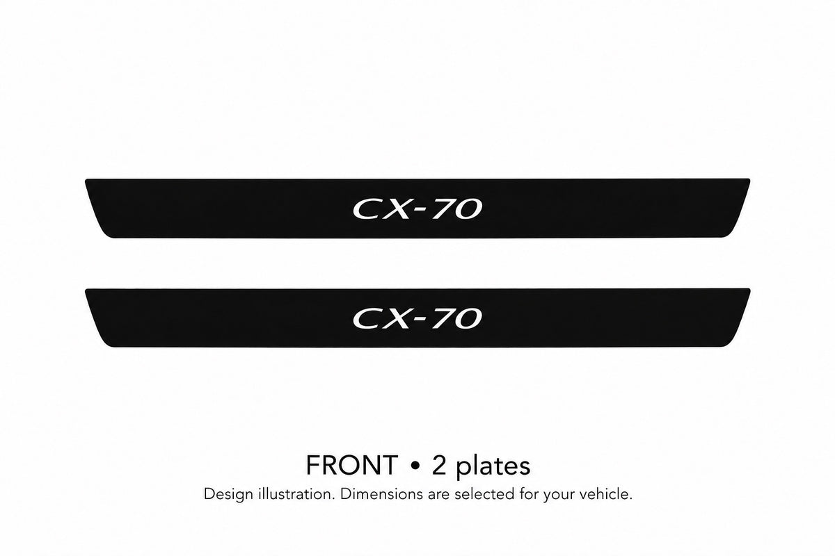 Mazda CX-70 Matte PRO design illustration: two front plates, black painted top with white lettering and unlit edges. Dimensions selected for the vehicle; not to scale.