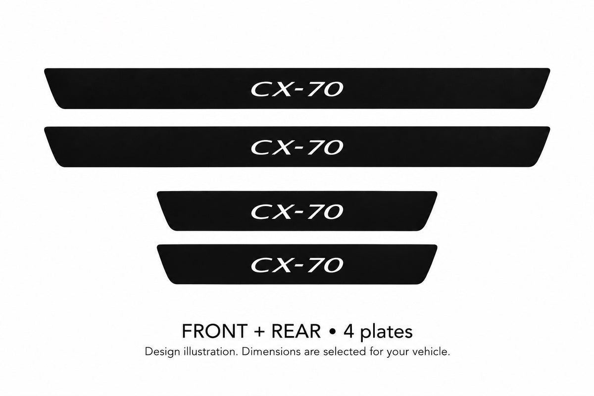 Mazda CX-70 Matte PRO design illustration: two front and two rear plates, black painted top with white lettering and unlit edges. Dimensions selected for the vehicle; not to scale.