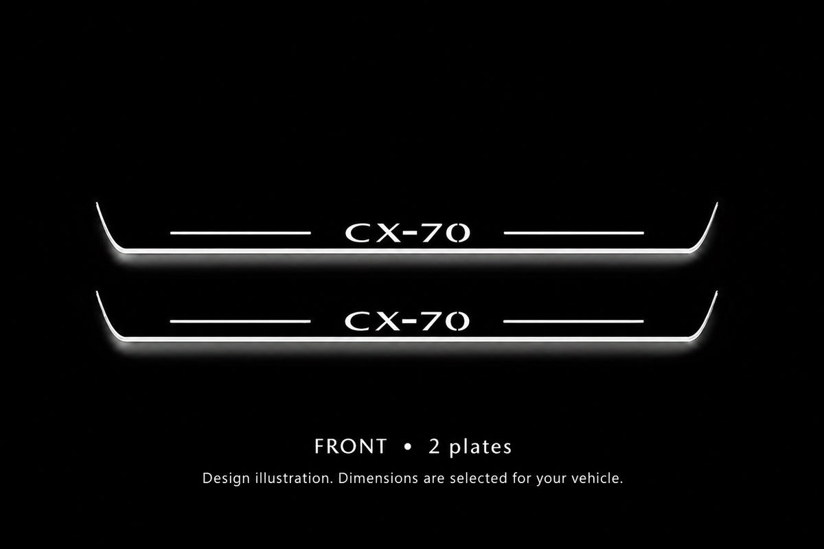 Mazda CX-70 Stainless design illustration: two front plates, white illuminated lettering, top bars and side edges against a dark background. Dimensions selected for the vehicle; not to scale.