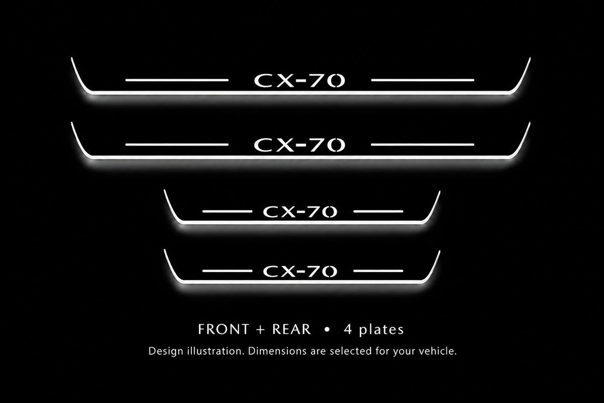 Mazda CX-70 Stainless design illustration: two front and two rear plates, white illuminated lettering, top bars and side edges against a dark background. Dimensions selected for the vehicle; not to scale.