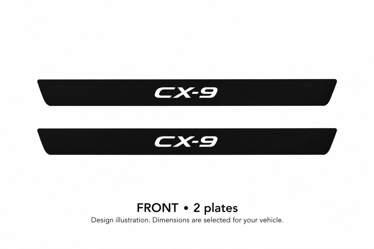 Mazda CX-9 TC CX-9 lettering design illustration: two front plates with black painted upper surfaces, white top lettering and unlit edges on a white background. Dimensions selected for the vehicle.