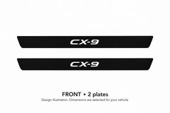 Mazda CX-9 TC CX-9 lettering design illustration: two front plates with black painted upper surfaces, white top lettering and unlit edges on a white background. Dimensions selected for the vehicle.