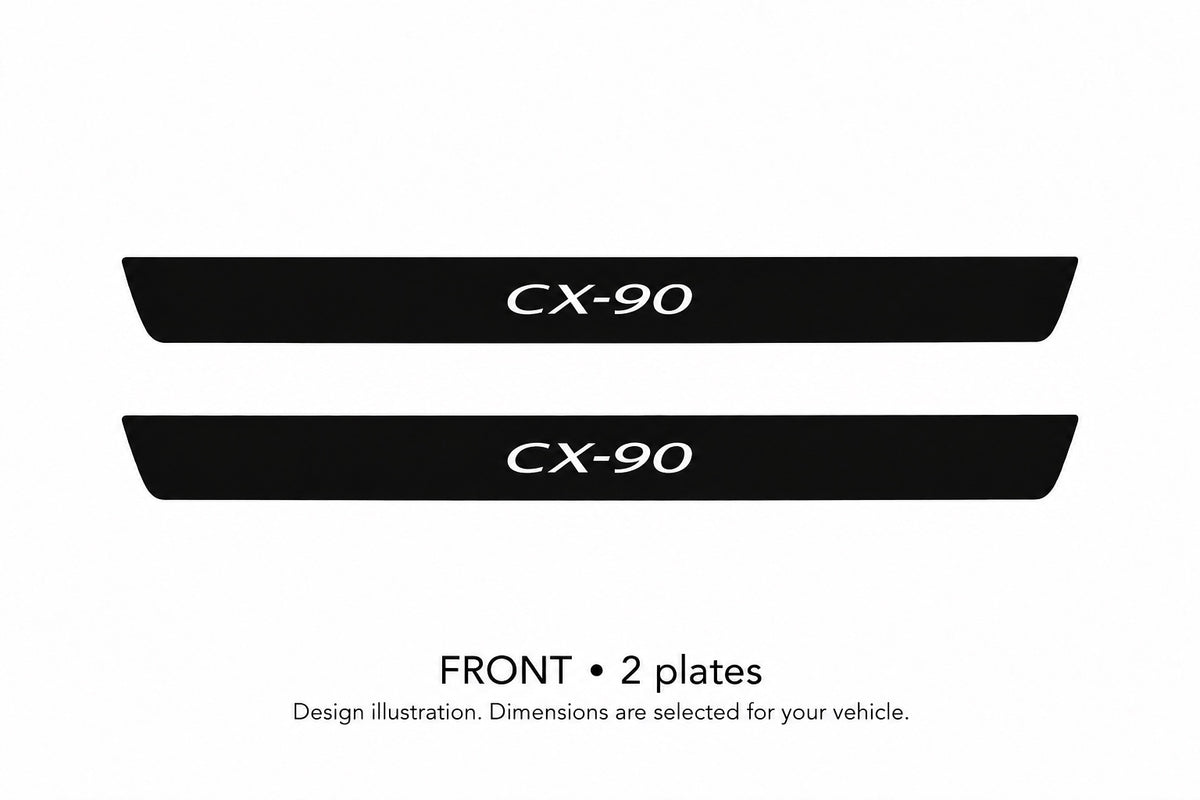 Mazda CX-90 Matte PRO design illustration: two front plates, black painted top with white lettering and unlit edges. Dimensions selected for the vehicle; not to scale.