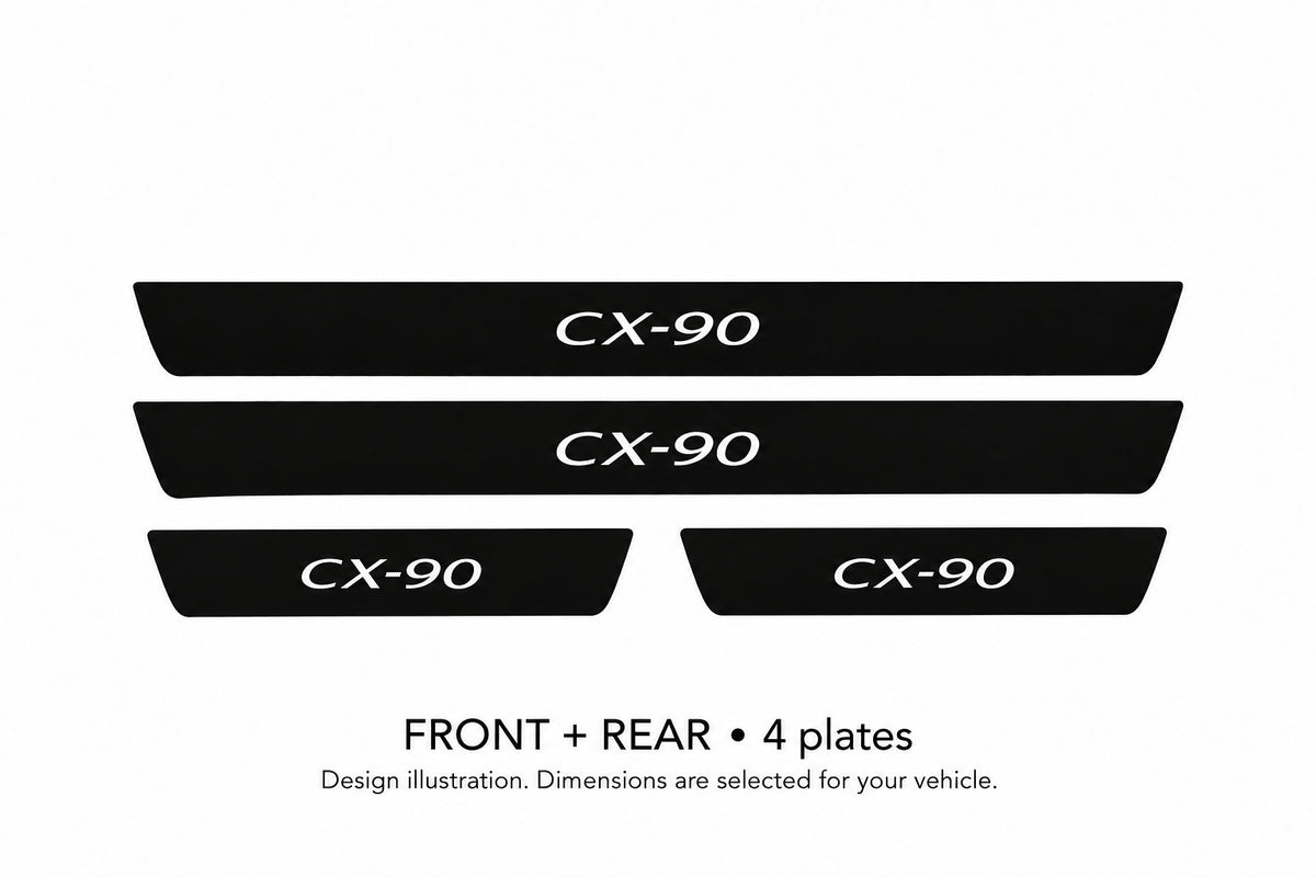 Mazda CX-90 Matte PRO design illustration: two front and two rear plates, black painted top with white lettering and unlit edges. Dimensions selected for the vehicle; not to scale.