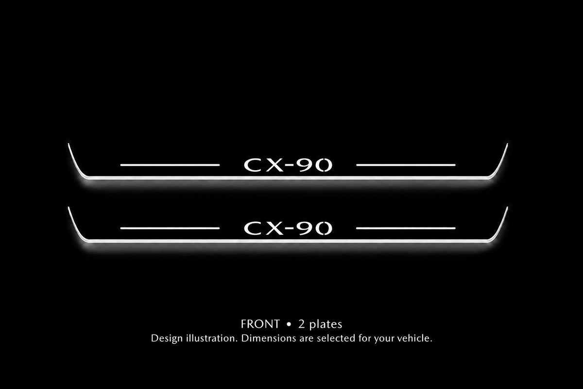 Mazda CX-90 Stainless design illustration: two front plates, white illuminated lettering, top bars and side edges against a dark background. Dimensions selected for the vehicle; not to scale.