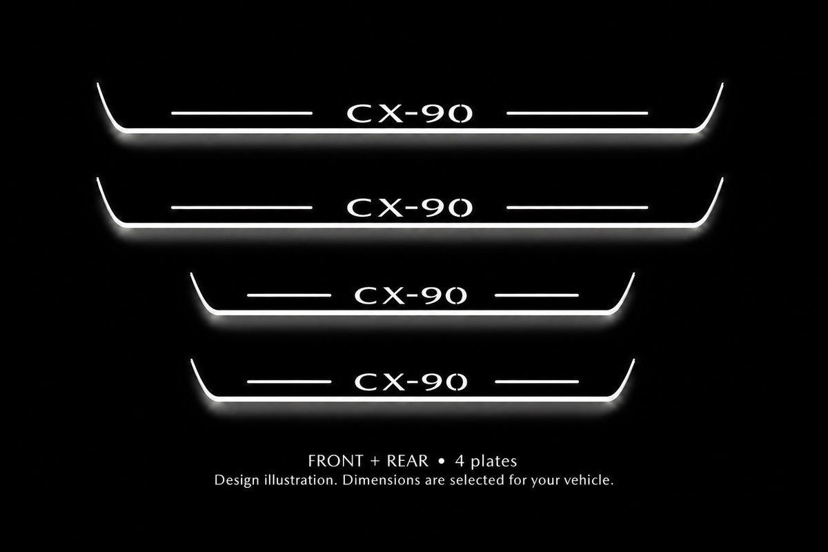 Mazda CX-90 Stainless design illustration: two front and two rear plates, white illuminated lettering, top bars and side edges against a dark background. Dimensions selected for the vehicle; not to scale.