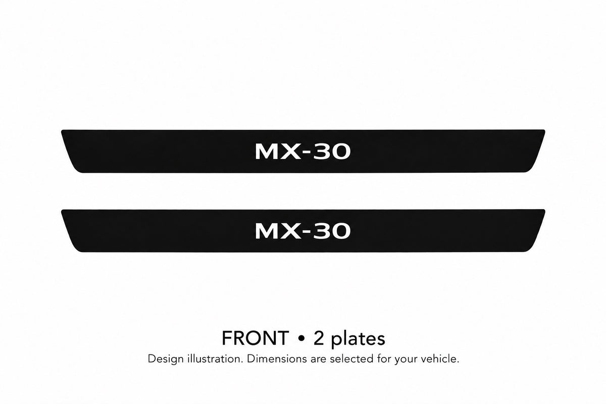 Mazda MX-30 DR MX-30 lettering design illustration: two front plates with black painted upper surfaces, white top lettering and unlit edges on a white background. Dimensions selected for the vehicle.