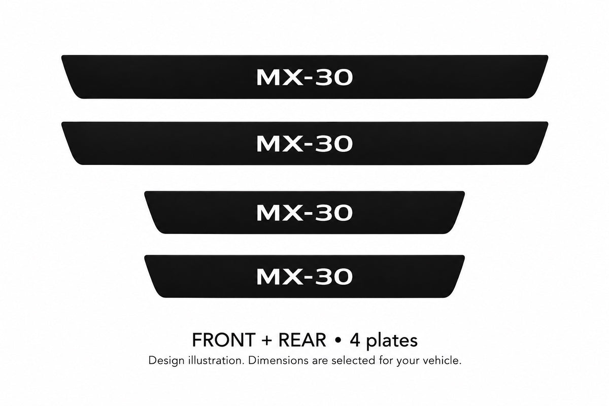 Mazda MX-30 DR MX-30 lettering design illustration: two front and two rear plates with black painted upper surfaces, white top lettering and unlit edges on a white background. Dimensions selected for the vehicle.