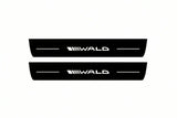 Catalogue illustration of two front black Matte PRO LED door sill plates with illuminated Wald lettering for Mercedes-Benz C-Class Coupe C204; dimensions are selected during manufacture.