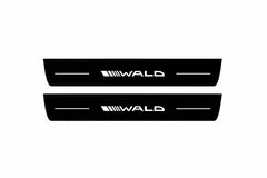 Catalogue illustration of two front black Matte PRO LED door sill plates with illuminated Wald lettering for Mercedes-Benz E-Class Estate S212; final dimensions are selected during manufacture.