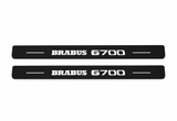 Catalogue illustration showing two FRONT black Matte PRO LED door sill plates with white Brabus G700 lettering for Mercedes-Benz G-Class W463; FRONT+REAR is available but rear plates are not pictured; dimensions are selected during manufacture.