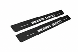 Catalogue illustration showing two FRONT black Matte PRO LED door sill plates with white Brabus G800 lettering for Mercedes-Benz G-Class W463; FRONT+REAR is available but rear plates are not pictured; dimensions are selected during manufacture.