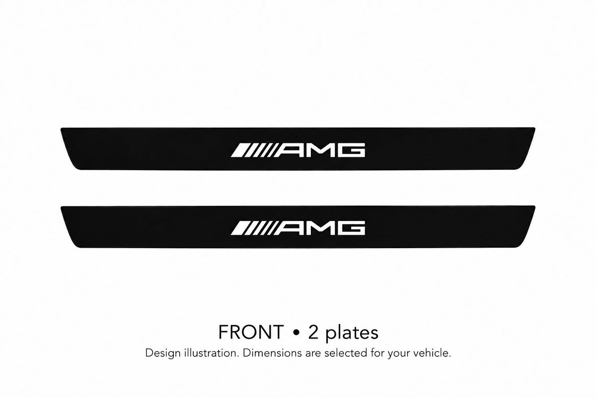 Matte PRO AMG design illustration: two front plates, black painted body with white top lettering and unlit edges. Dimensions selected for the vehicle; not to scale.