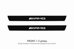 Matte PRO AMG design illustration: two front plates, black painted body with white top lettering and unlit edges. Dimensions selected for the vehicle; not to scale.