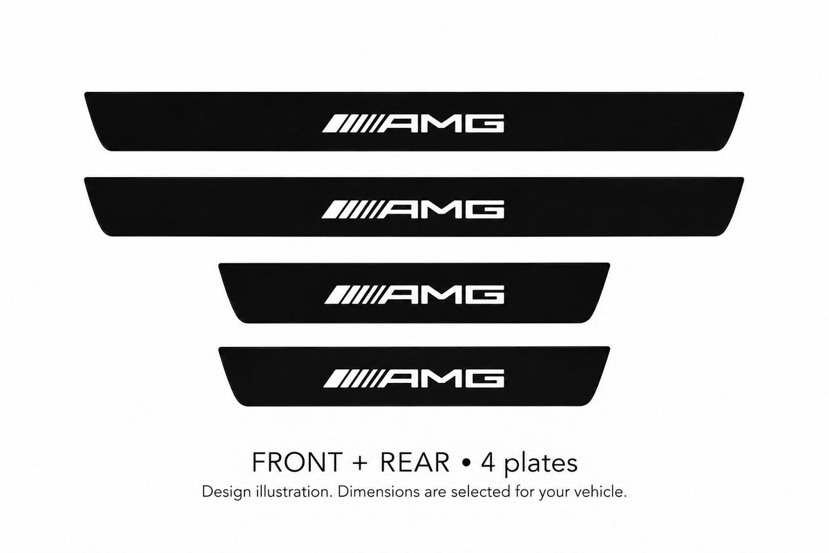 Matte PRO AMG design illustration: two front and two rear plates, black painted body with white top lettering and unlit edges. Dimensions selected for the vehicle; not to scale.