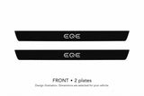 Matte PRO EQE design illustration: two front plates, black painted body with white top lettering and unlit edges. Dimensions selected for the vehicle; not to scale.
