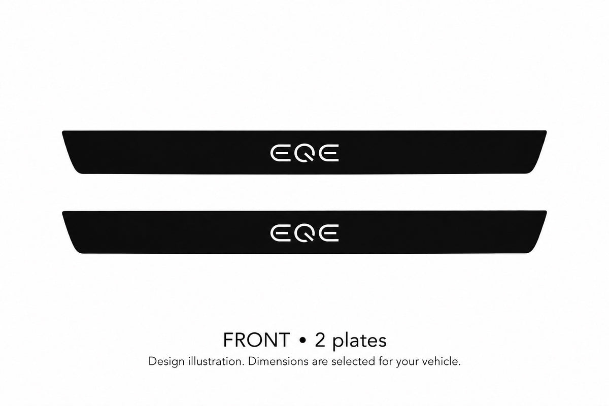 Matte PRO EQE design illustration: two front plates, black painted body with white top lettering and unlit edges. Dimensions selected for the vehicle; not to scale.